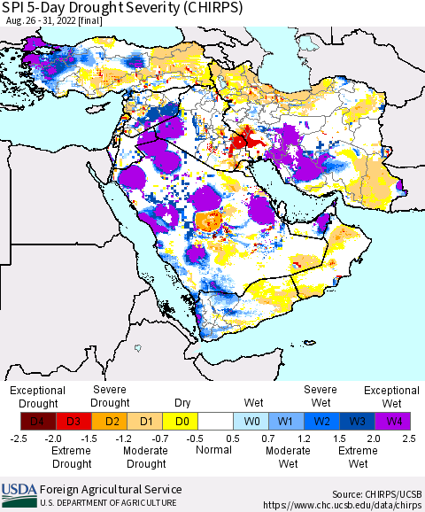 Middle East and Turkey SPI 5-Day Drought Severity (CHIRPS) Thematic Map For 8/26/2022 - 8/31/2022