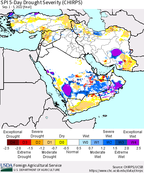 Middle East and Turkey SPI 5-Day Drought Severity (CHIRPS) Thematic Map For 9/1/2022 - 9/5/2022