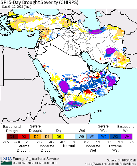 Middle East and Turkey SPI 5-Day Drought Severity (CHIRPS) Thematic Map For 9/6/2022 - 9/10/2022