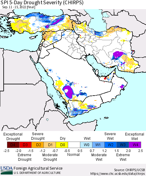 Middle East and Turkey SPI 5-Day Drought Severity (CHIRPS) Thematic Map For 9/11/2022 - 9/15/2022
