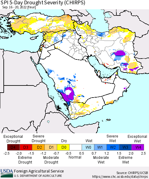 Middle East and Turkey SPI 5-Day Drought Severity (CHIRPS) Thematic Map For 9/16/2022 - 9/20/2022