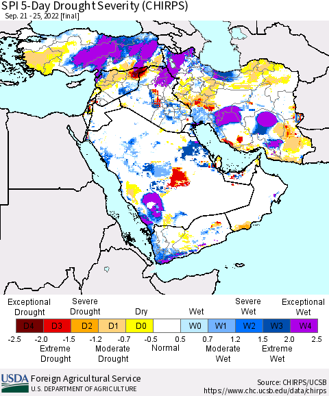 Middle East and Turkey SPI 5-Day Drought Severity (CHIRPS) Thematic Map For 9/21/2022 - 9/25/2022