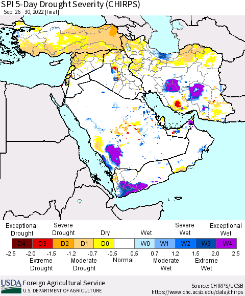 Middle East and Turkey SPI 5-Day Drought Severity (CHIRPS) Thematic Map For 9/26/2022 - 9/30/2022