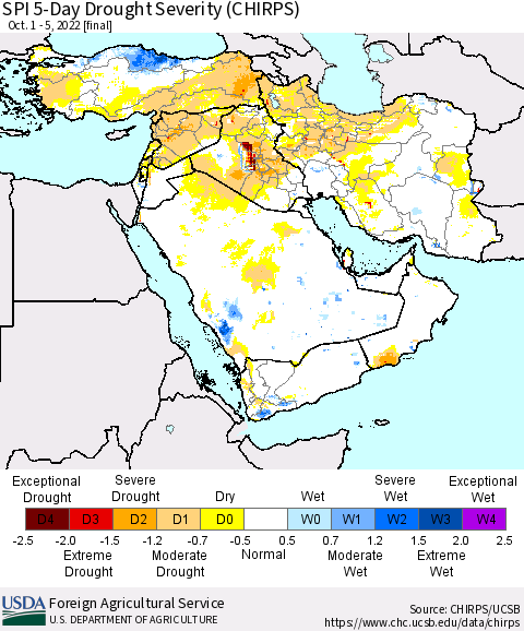 Middle East and Turkey SPI 5-Day Drought Severity (CHIRPS) Thematic Map For 10/1/2022 - 10/5/2022