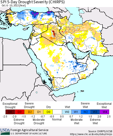 Middle East and Turkey SPI 5-Day Drought Severity (CHIRPS) Thematic Map For 10/6/2022 - 10/10/2022