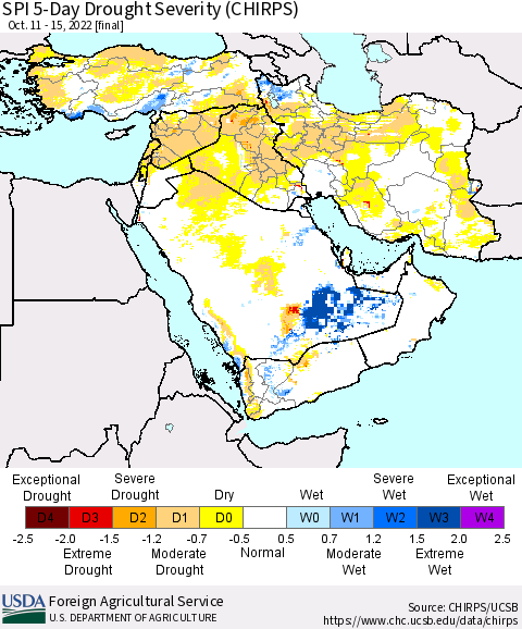 Middle East and Turkey SPI 5-Day Drought Severity (CHIRPS) Thematic Map For 10/11/2022 - 10/15/2022