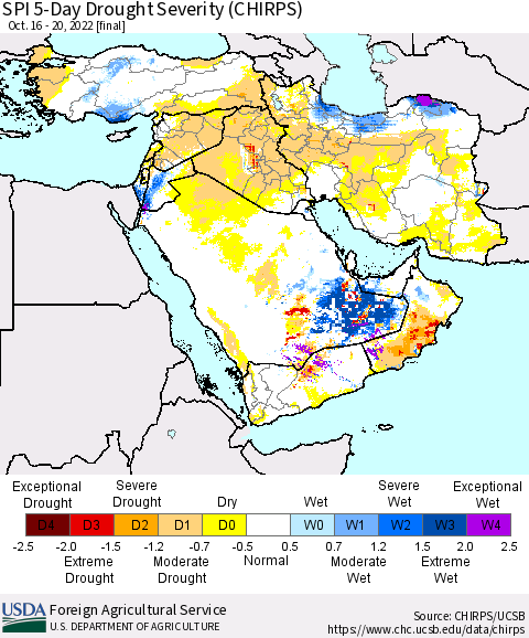 Middle East and Turkey SPI 5-Day Drought Severity (CHIRPS) Thematic Map For 10/16/2022 - 10/20/2022