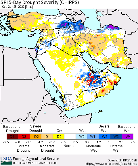 Middle East and Turkey SPI 5-Day Drought Severity (CHIRPS) Thematic Map For 10/21/2022 - 10/25/2022