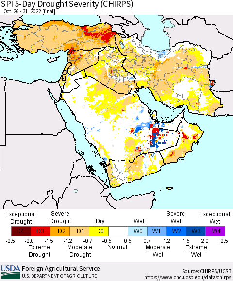 Middle East and Turkey SPI 5-Day Drought Severity (CHIRPS) Thematic Map For 10/26/2022 - 10/31/2022