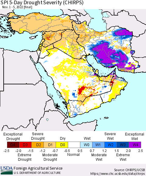 Middle East and Turkey SPI 5-Day Drought Severity (CHIRPS) Thematic Map For 11/1/2022 - 11/5/2022
