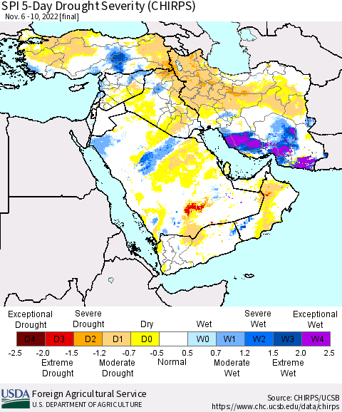 Middle East and Turkey SPI 5-Day Drought Severity (CHIRPS) Thematic Map For 11/6/2022 - 11/10/2022