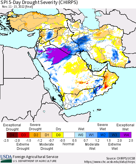 Middle East and Turkey SPI 5-Day Drought Severity (CHIRPS) Thematic Map For 11/11/2022 - 11/15/2022