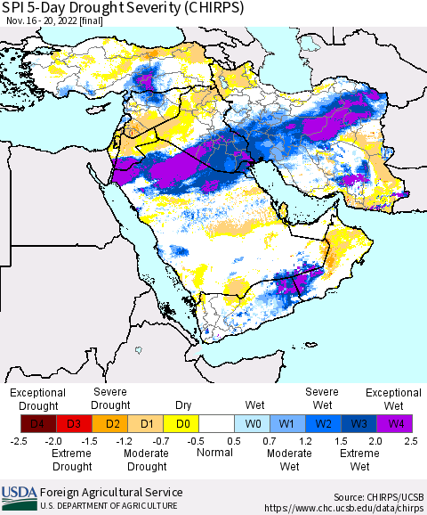 Middle East and Turkey SPI 5-Day Drought Severity (CHIRPS) Thematic Map For 11/16/2022 - 11/20/2022