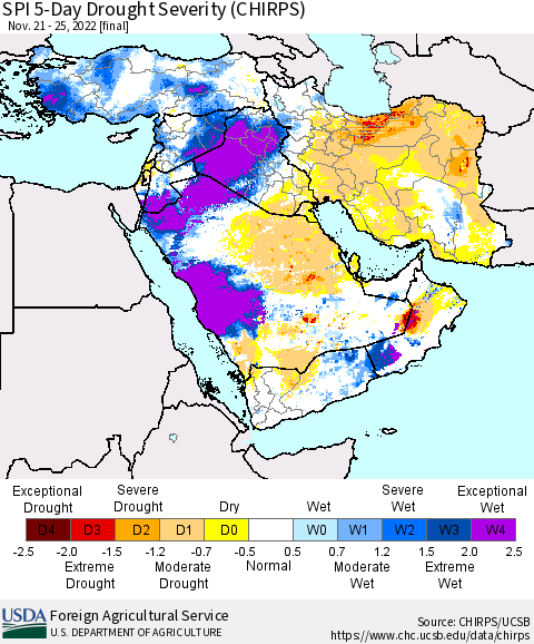 Middle East and Turkey SPI 5-Day Drought Severity (CHIRPS) Thematic Map For 11/21/2022 - 11/25/2022