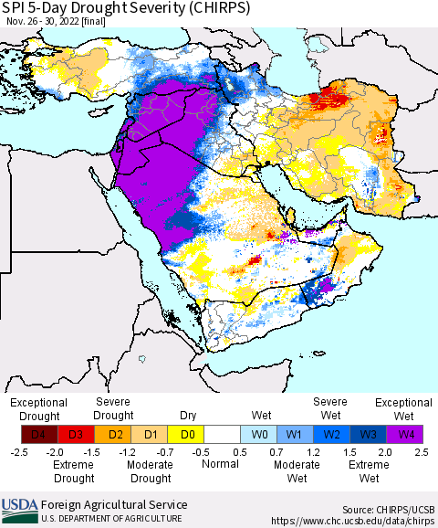 Middle East and Turkey SPI 5-Day Drought Severity (CHIRPS) Thematic Map For 11/26/2022 - 11/30/2022