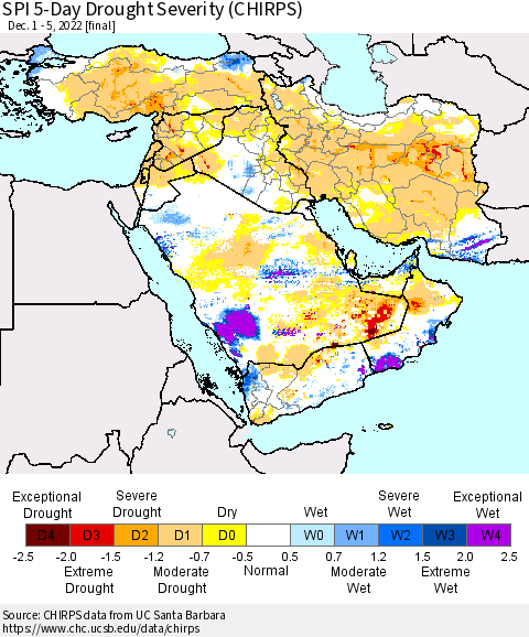 Middle East and Turkey SPI 5-Day Drought Severity (CHIRPS) Thematic Map For 12/1/2022 - 12/5/2022