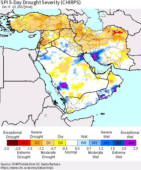Middle East and Turkey SPI 5-Day Drought Severity (CHIRPS) Thematic Map For 12/6/2022 - 12/10/2022