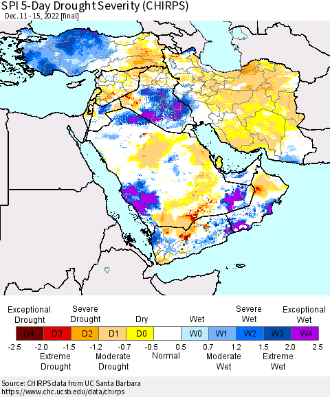 Middle East and Turkey SPI 5-Day Drought Severity (CHIRPS) Thematic Map For 12/11/2022 - 12/15/2022