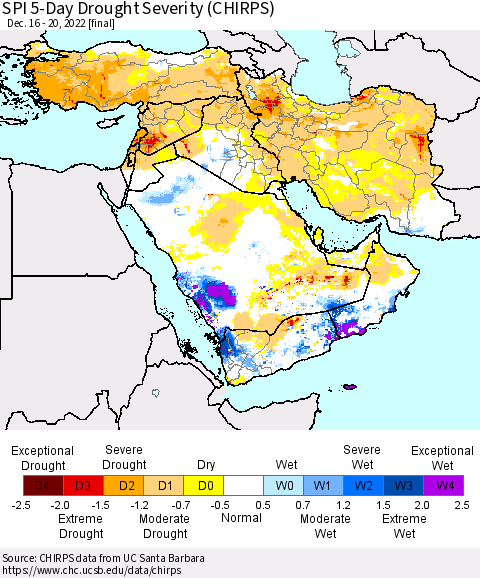 Middle East and Turkey SPI 5-Day Drought Severity (CHIRPS) Thematic Map For 12/16/2022 - 12/20/2022