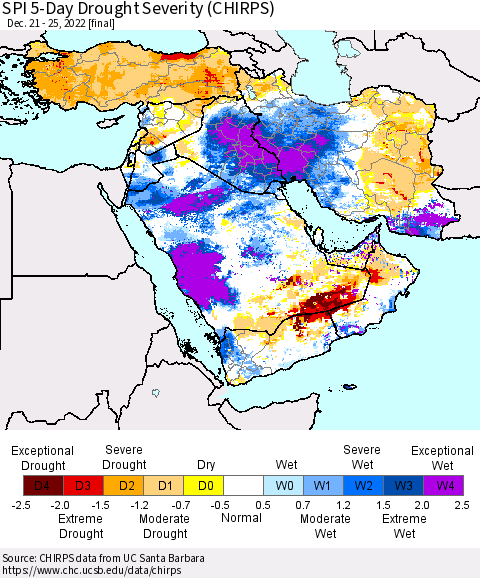 Middle East and Turkey SPI 5-Day Drought Severity (CHIRPS) Thematic Map For 12/21/2022 - 12/25/2022