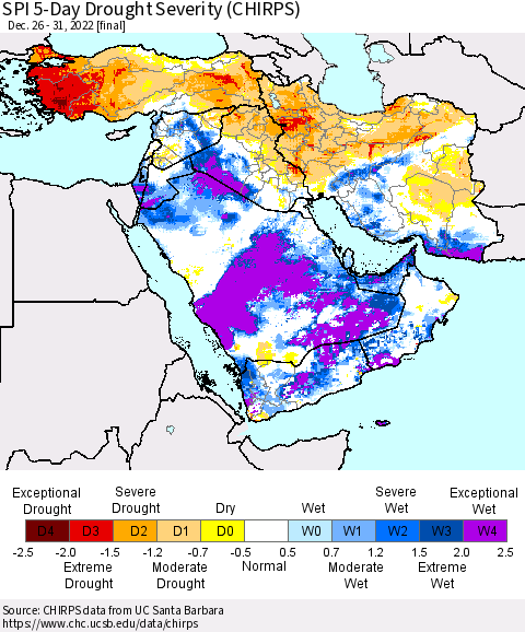 Middle East and Turkey SPI 5-Day Drought Severity (CHIRPS) Thematic Map For 12/26/2022 - 12/31/2022