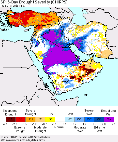 Middle East and Turkey SPI 5-Day Drought Severity (CHIRPS) Thematic Map For 1/1/2023 - 1/5/2023