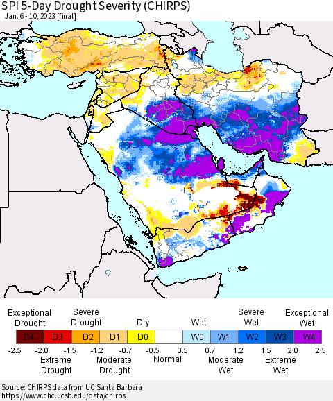 Middle East and Turkey SPI 5-Day Drought Severity (CHIRPS) Thematic Map For 1/6/2023 - 1/10/2023
