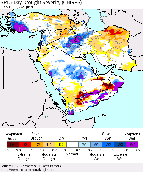 Middle East and Turkey SPI 5-Day Drought Severity (CHIRPS) Thematic Map For 1/11/2023 - 1/15/2023