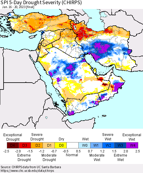 Middle East and Turkey SPI 5-Day Drought Severity (CHIRPS) Thematic Map For 1/16/2023 - 1/20/2023