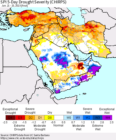 Middle East and Turkey SPI 5-Day Drought Severity (CHIRPS) Thematic Map For 1/21/2023 - 1/25/2023