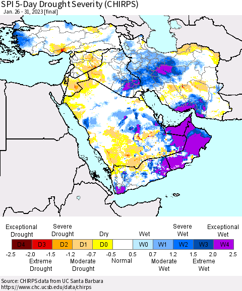 Middle East and Turkey SPI 5-Day Drought Severity (CHIRPS) Thematic Map For 1/26/2023 - 1/31/2023