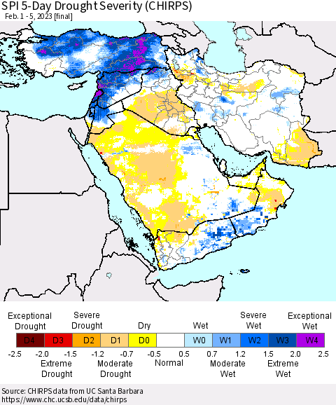 Middle East and Turkey SPI 5-Day Drought Severity (CHIRPS) Thematic Map For 2/1/2023 - 2/5/2023