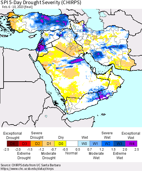 Middle East and Turkey SPI 5-Day Drought Severity (CHIRPS) Thematic Map For 2/6/2023 - 2/10/2023