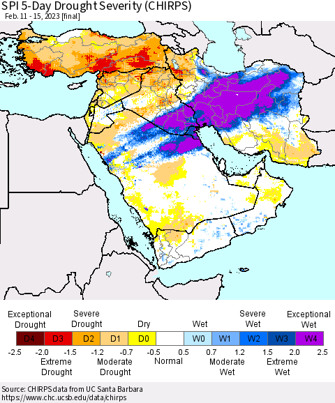 Middle East and Turkey SPI 5-Day Drought Severity (CHIRPS) Thematic Map For 2/11/2023 - 2/15/2023
