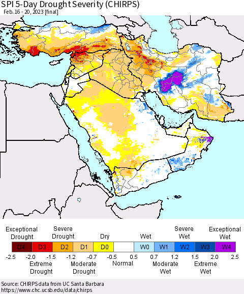 Middle East and Turkey SPI 5-Day Drought Severity (CHIRPS) Thematic Map For 2/16/2023 - 2/20/2023