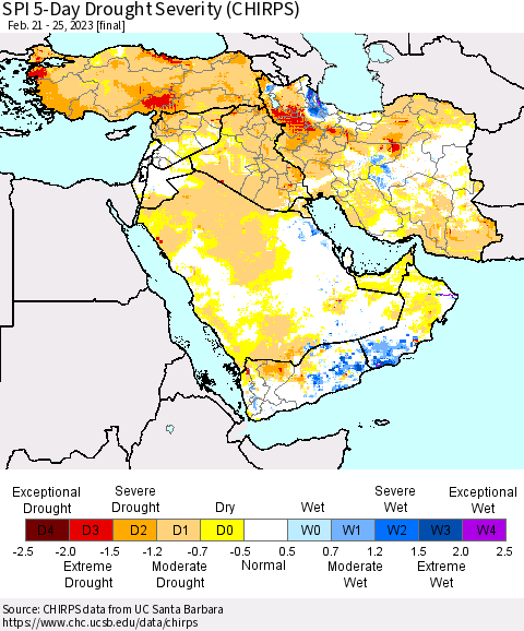 Middle East and Turkey SPI 5-Day Drought Severity (CHIRPS) Thematic Map For 2/21/2023 - 2/25/2023