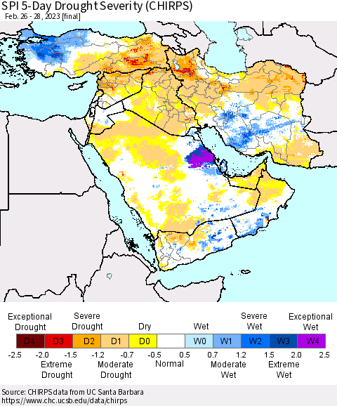 Middle East and Turkey SPI 5-Day Drought Severity (CHIRPS) Thematic Map For 2/26/2023 - 2/28/2023