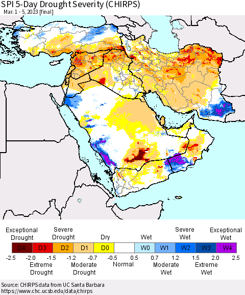 Middle East and Turkey SPI 5-Day Drought Severity (CHIRPS) Thematic Map For 3/1/2023 - 3/5/2023