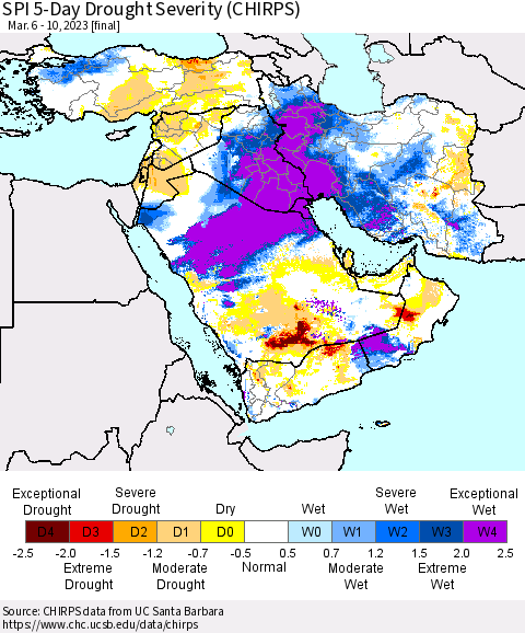 Middle East and Turkey SPI 5-Day Drought Severity (CHIRPS) Thematic Map For 3/6/2023 - 3/10/2023