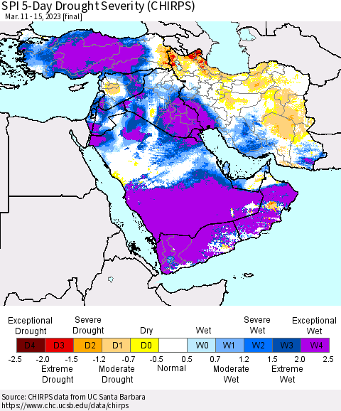 Middle East and Turkey SPI 5-Day Drought Severity (CHIRPS) Thematic Map For 3/11/2023 - 3/15/2023