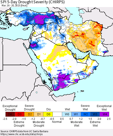 Middle East and Turkey SPI 5-Day Drought Severity (CHIRPS) Thematic Map For 3/16/2023 - 3/20/2023