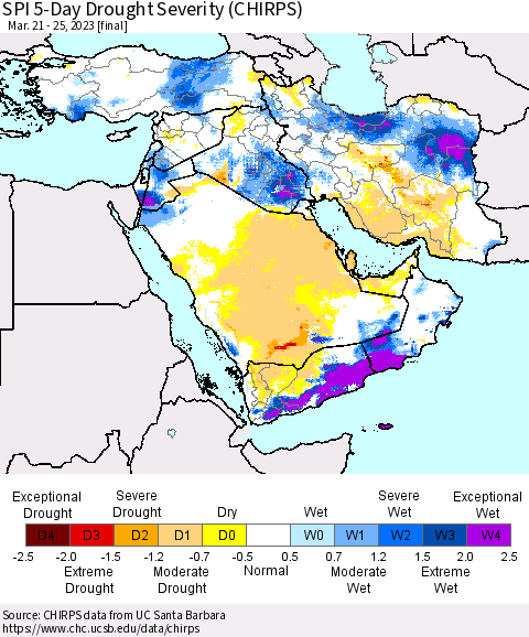 Middle East and Turkey SPI 5-Day Drought Severity (CHIRPS) Thematic Map For 3/21/2023 - 3/25/2023