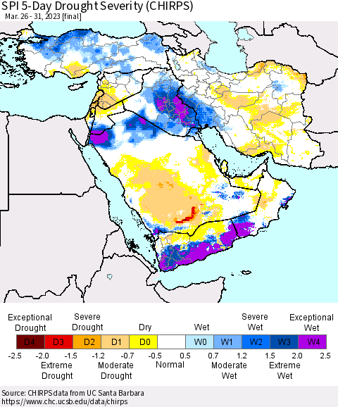 Middle East and Turkey SPI 5-Day Drought Severity (CHIRPS) Thematic Map For 3/26/2023 - 3/31/2023