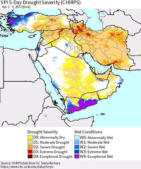 Middle East and Turkey SPI 5-Day Drought Severity (CHIRPS) Thematic Map For 4/1/2023 - 4/5/2023