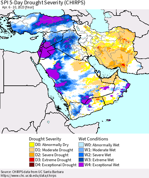Middle East and Turkey SPI 5-Day Drought Severity (CHIRPS) Thematic Map For 4/6/2023 - 4/10/2023