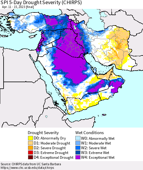 Middle East and Turkey SPI 5-Day Drought Severity (CHIRPS) Thematic Map For 4/11/2023 - 4/15/2023