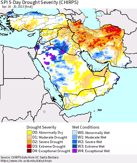 Middle East and Turkey SPI 5-Day Drought Severity (CHIRPS) Thematic Map For 4/16/2023 - 4/20/2023
