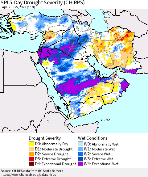 Middle East and Turkey SPI 5-Day Drought Severity (CHIRPS) Thematic Map For 4/21/2023 - 4/25/2023