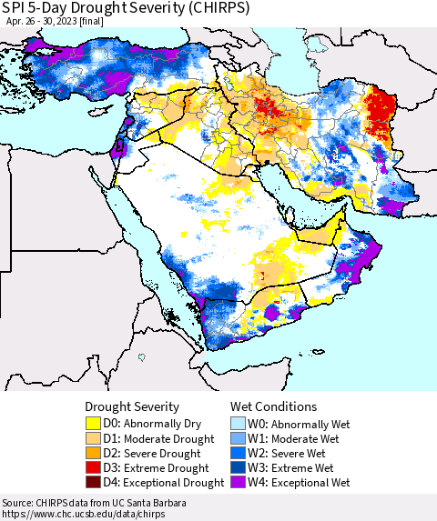 Middle East and Turkey SPI 5-Day Drought Severity (CHIRPS) Thematic Map For 4/26/2023 - 4/30/2023