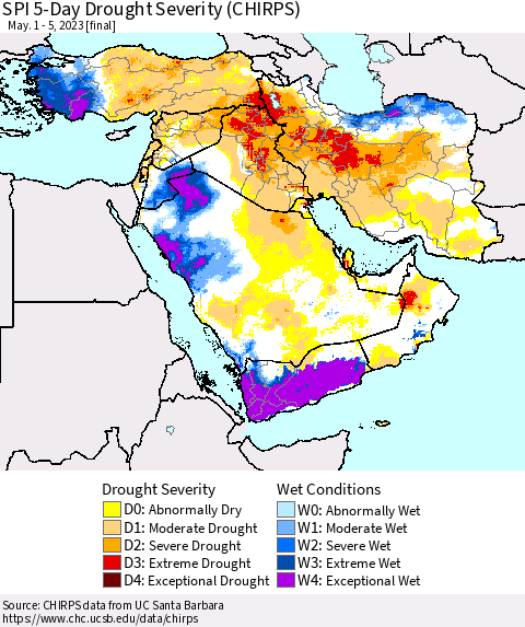 Middle East and Turkey SPI 5-Day Drought Severity (CHIRPS) Thematic Map For 5/1/2023 - 5/5/2023